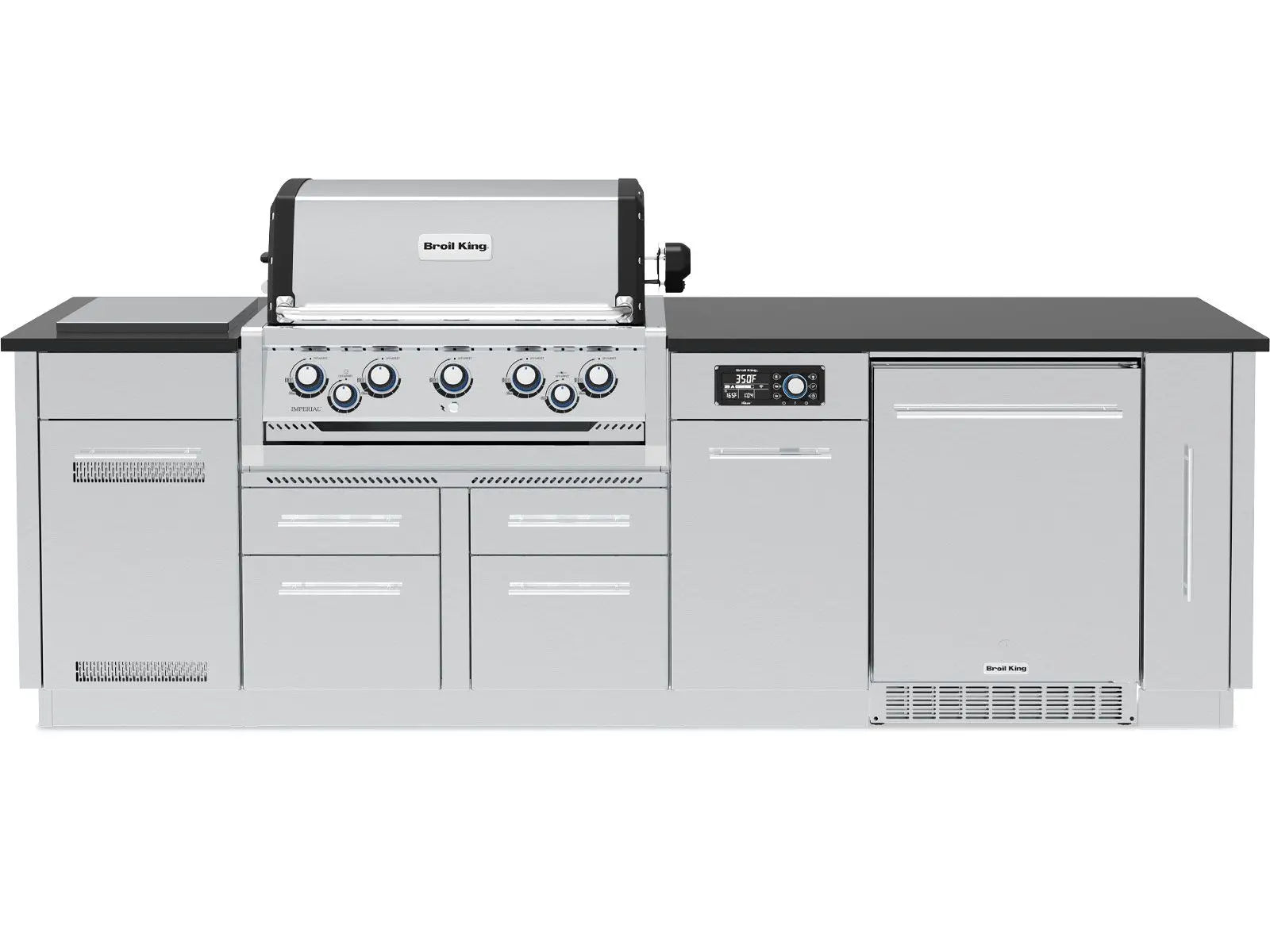 Broil King 9-Foot Outdoor Kitchen Island with Imperial QS 590i 5-Burner Gas Grill, Rotisserie, Side Burner, Refrigerator & iQue™ Technology Control Broil King