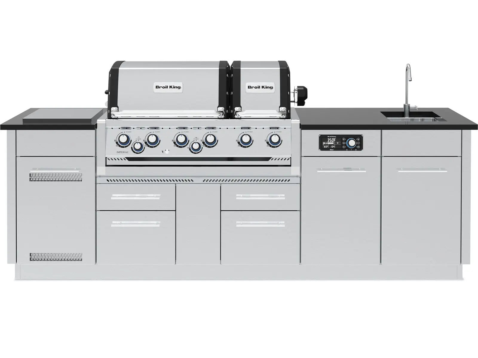 Broil King 8 1/2-Foot Outdoor Kitchen Island with Imperial QS 690i 6-Burner Gas Grill, Rotisserie, Side Burner, Sink & iQue™ Technology Control (Left Orientation) Designing Backyards