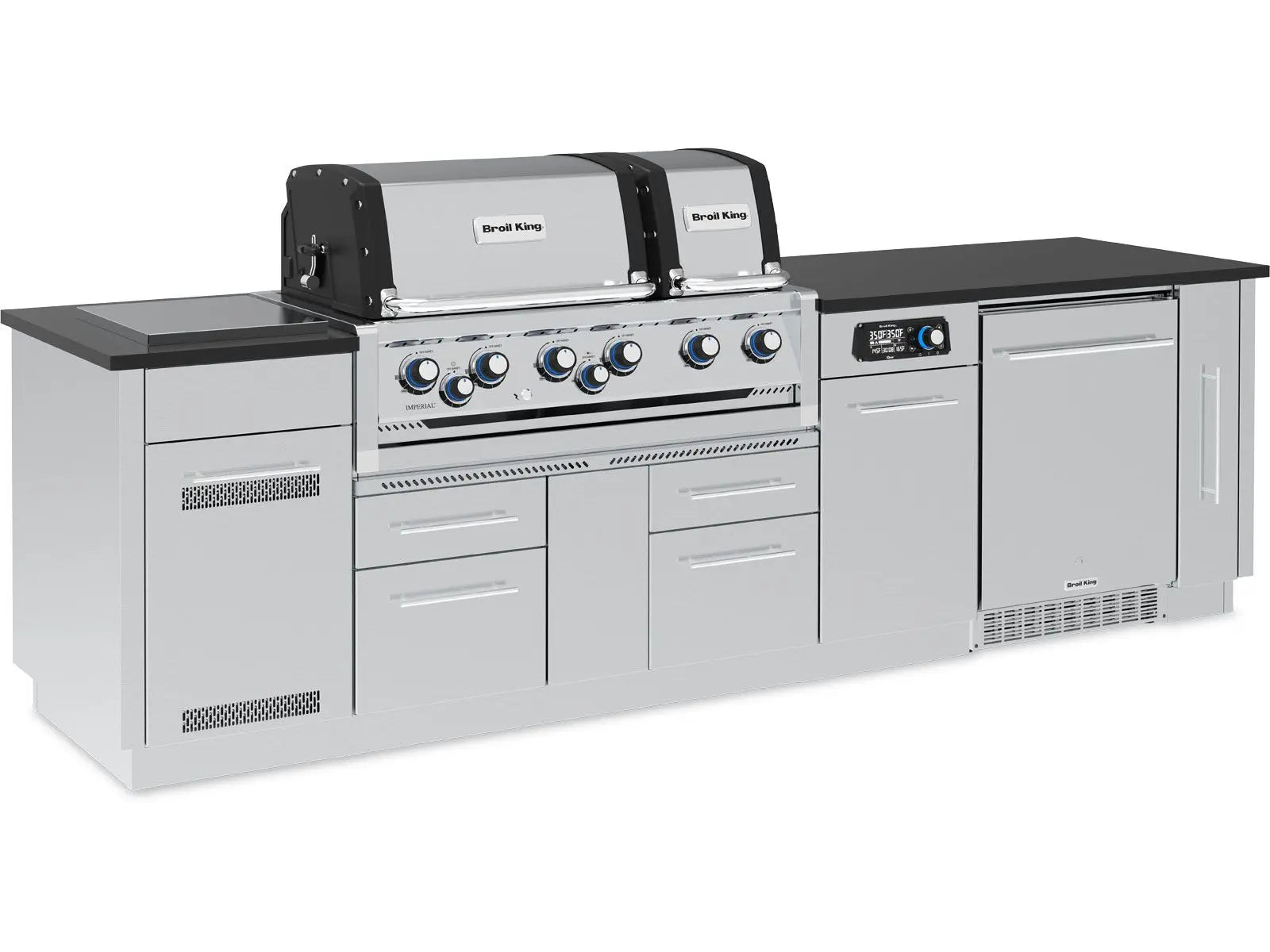 Broil King 9 3/4-Foot Outdoor Kitchen Island with Imperial QS 690i 6-Burner Gas Grill, Rotisserie, Side Burner, Refrigerator & iQue™ Technology Control Broil King