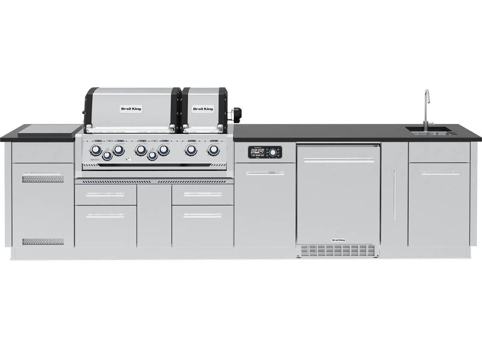 Broil King 11-Foot Outdoor Kitchen Island with Imperial QS 690i 6-Burner Gas Grill, Rotisserie, Side Burner, Sink, Refrigerator & iQue™ Technology Control Broil King