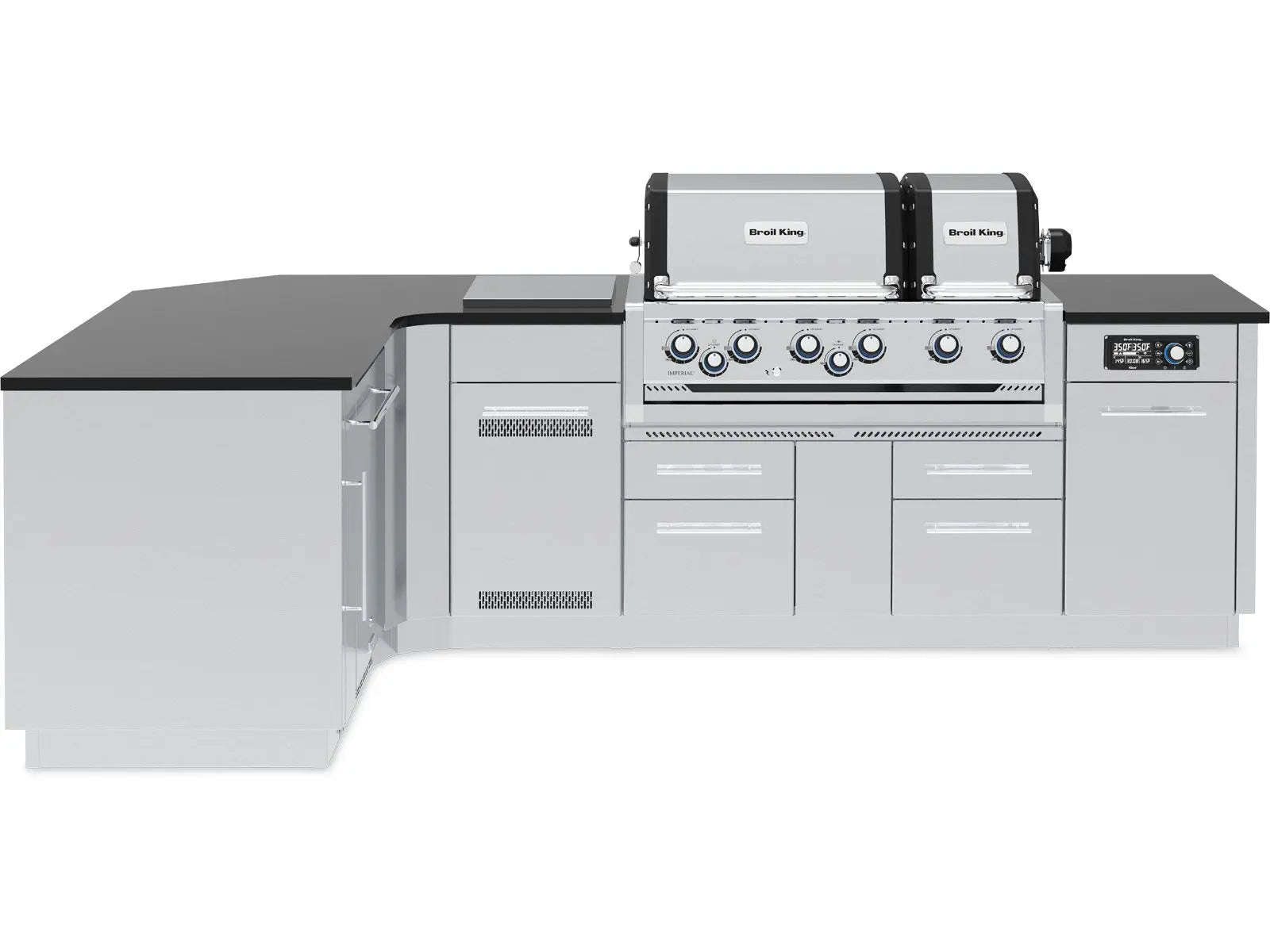 Broil King 70 x 118-Inch Outdoor Kitchen Island with Imperial QS 690i 6-Burner Gas Grill, Rotisserie, Side Burner, Refrigerator & iQue™ Technology Control Designing Backyards