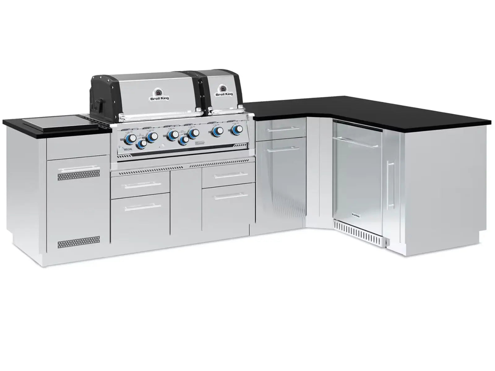 Broil King 118 x 70-Inch Outdoor Kitchen Island with Imperial S 690i 6-Burner Gas Grill, Rotisserie, Side Burner & Refrigerator Broil King