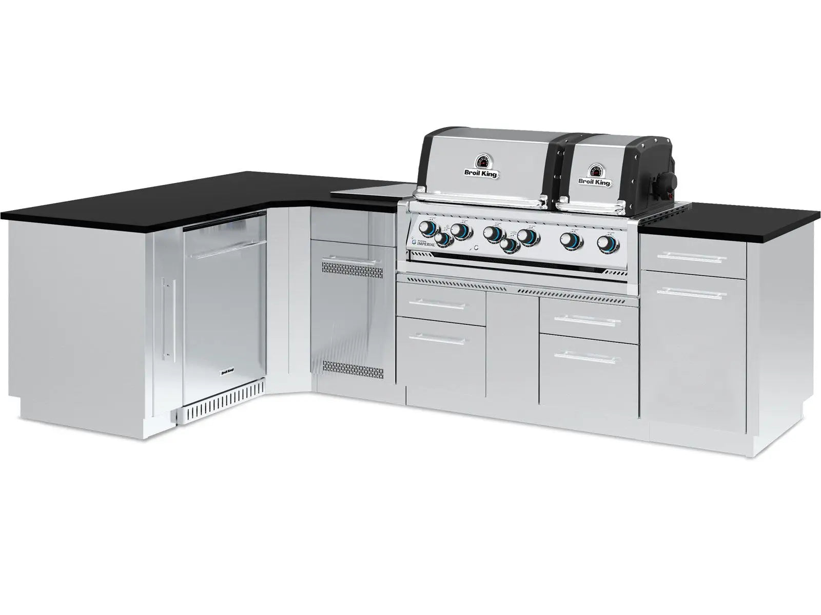 Broil King 70 x 118-Inch Outdoor Kitchen Island with Imperial S 690i 6-Burner Gas Grill, Rotisserie, Side Burner & Refrigerator Broil King