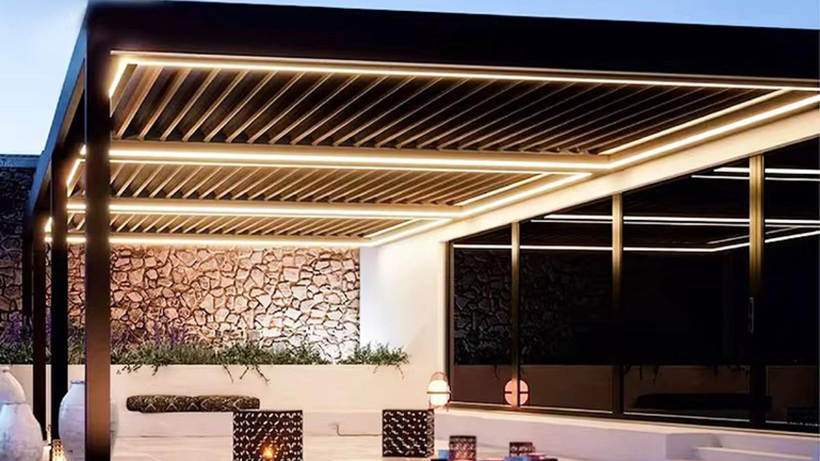 Motorized Bioclimatic Aluminum Louvered Pergola with LED & Sliding Glass Panels