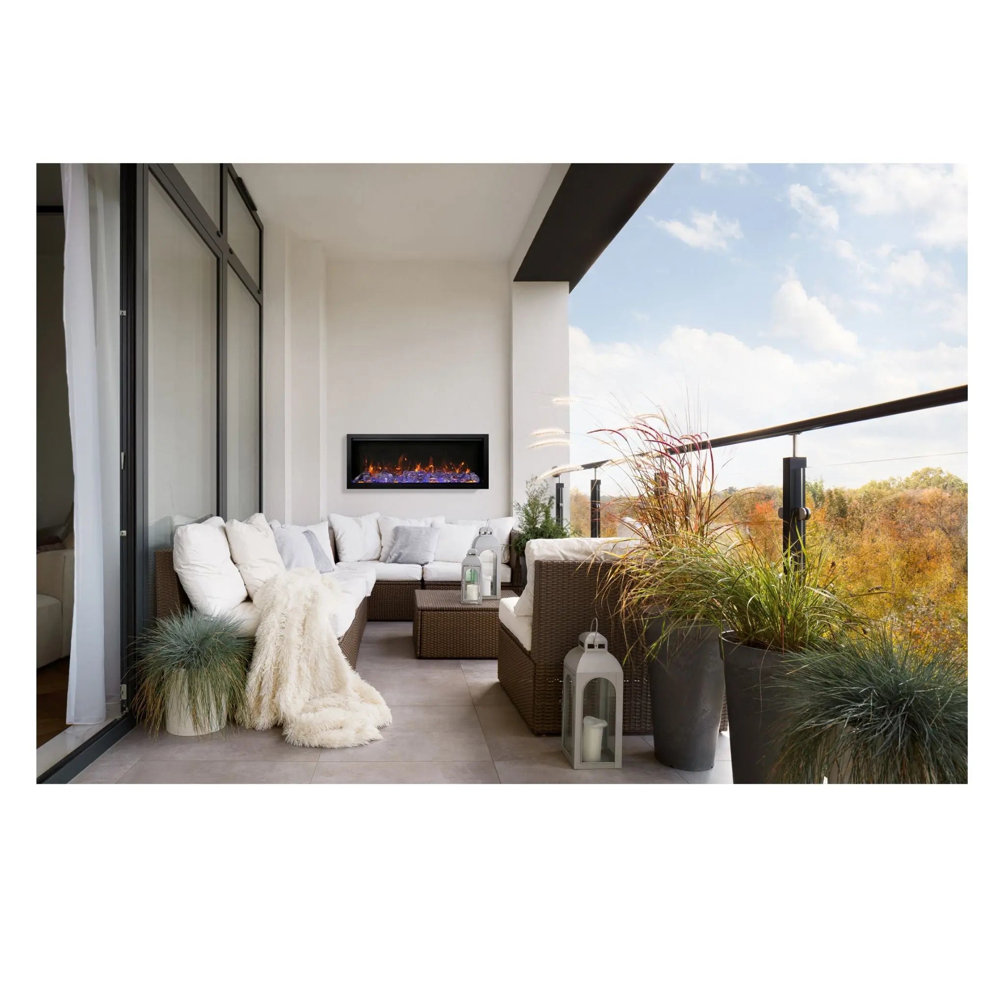 Amantii Symmetry Xtra Tall Lumina indoor outdoor electric fireplace with extra tall glass viewing area, WiFi control, multi-color flames and clean face design