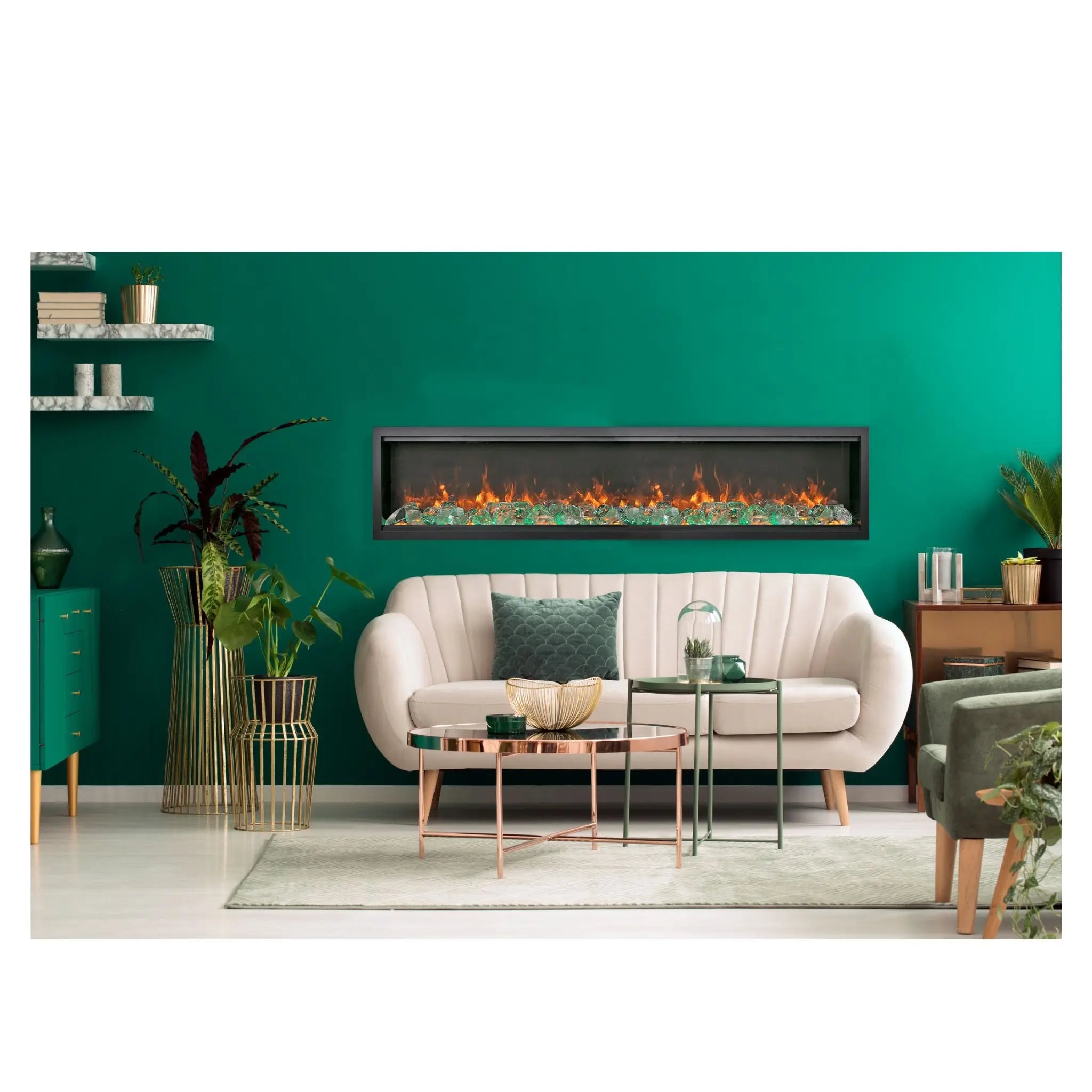 Amantii Symmetry Xtra Tall Lumina indoor outdoor electric fireplace with extra tall glass viewing area, WiFi control, multi-color flames and clean face design