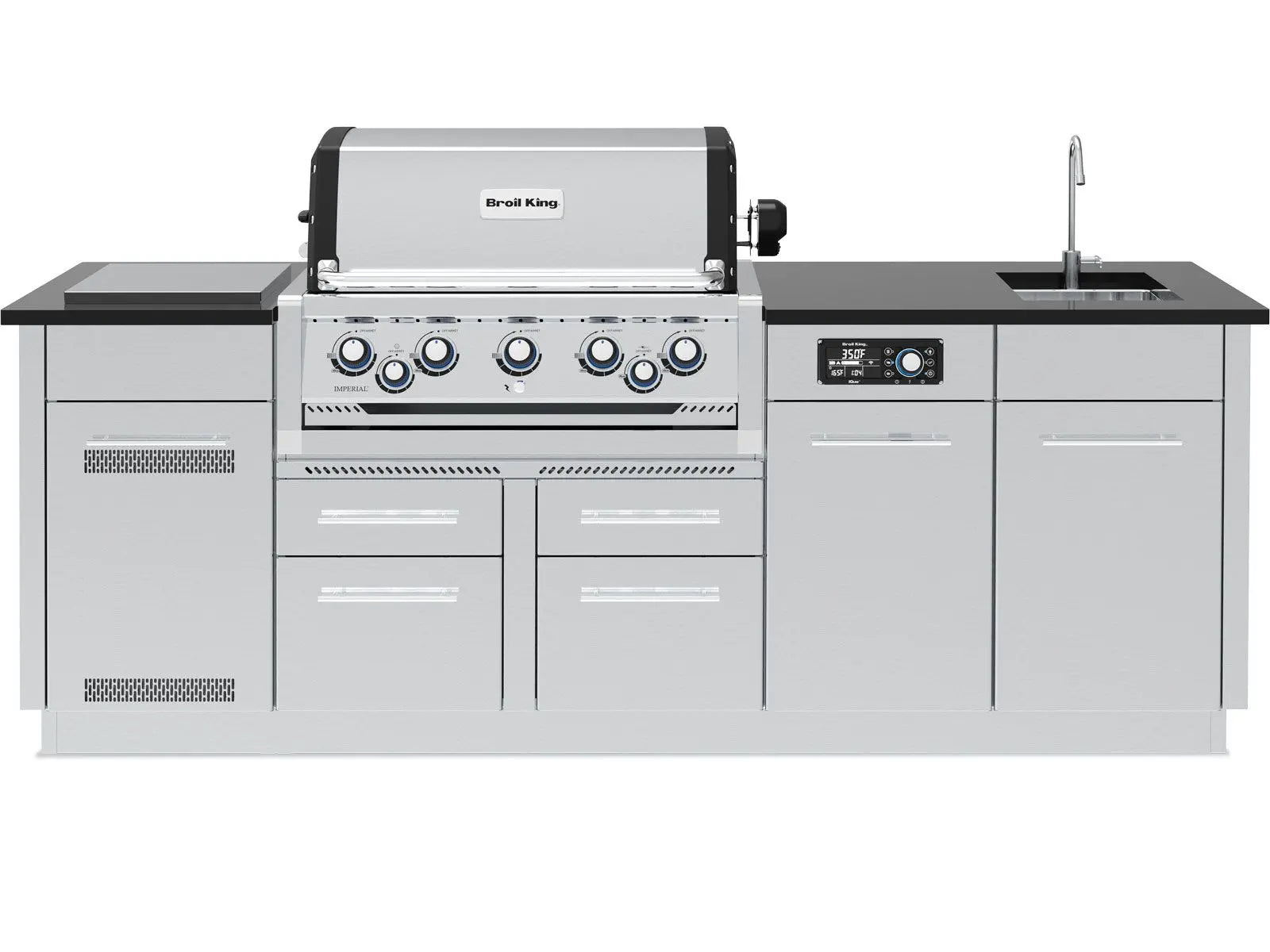 Broil King 8-Foot Outdoor Kitchen Island with Imperial QS 590i 5-Burner Gas Grill, Rotisserie, Side Burner, Sink & iQue™ Technology Control Designing Backyards