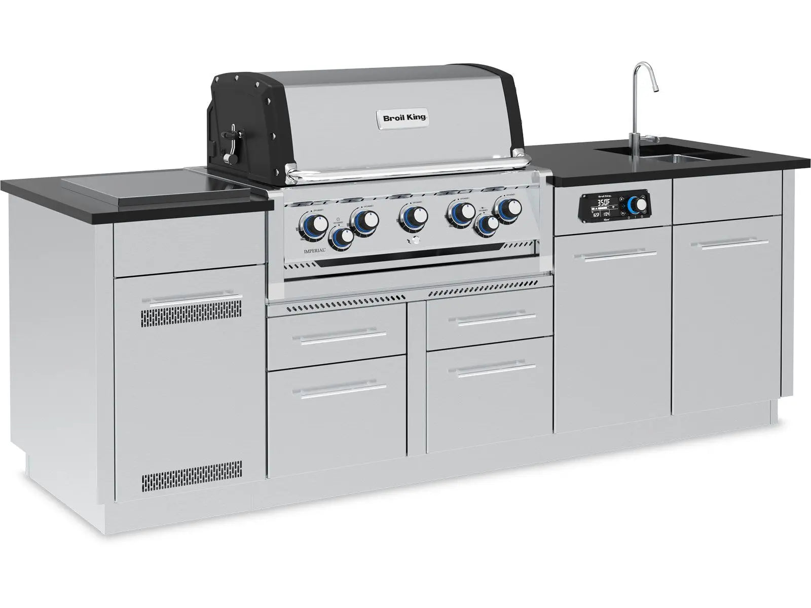 Broil King 8-Foot Outdoor Kitchen Island with Imperial QS 590i 5-Burner Gas Grill, Rotisserie, Side Burner, Sink & iQue™ Technology Control Designing Backyards