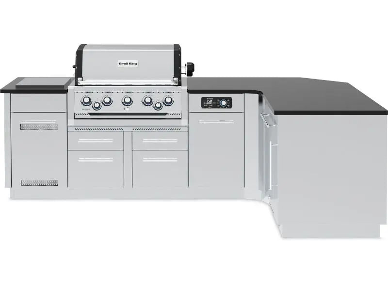 Broil King 111 x 70-Inch Outdoor Kitchen Island with Imperial QS 590i 5-Burner Gas Grill, Rotisserie, Side Burner, Refrigerator & iQue™ Technology Control Designing Backyards