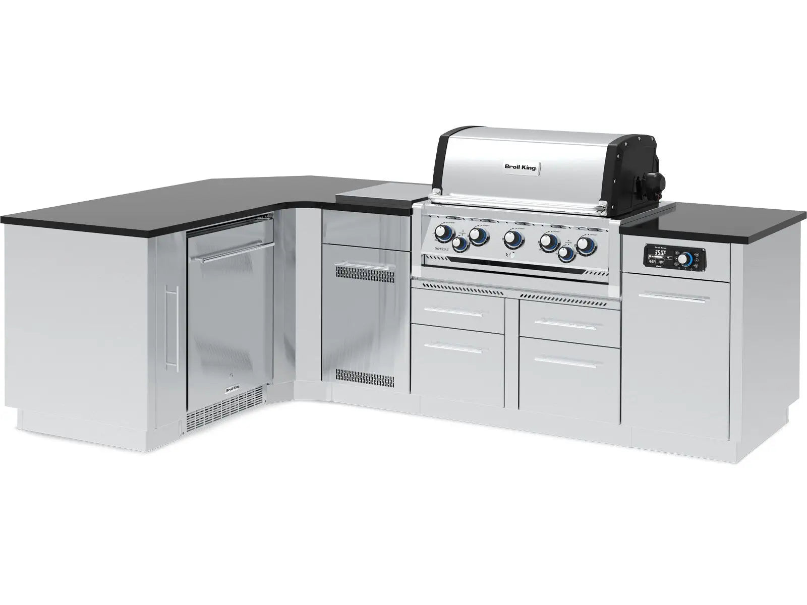 Broil King 69 x 111-Inch Outdoor Kitchen Island with Imperial QS 590i 5-Burner Gas Grill, Rotisserie, Side Burner, Refrigerator & iQue™ Technology Control Designing Backyards