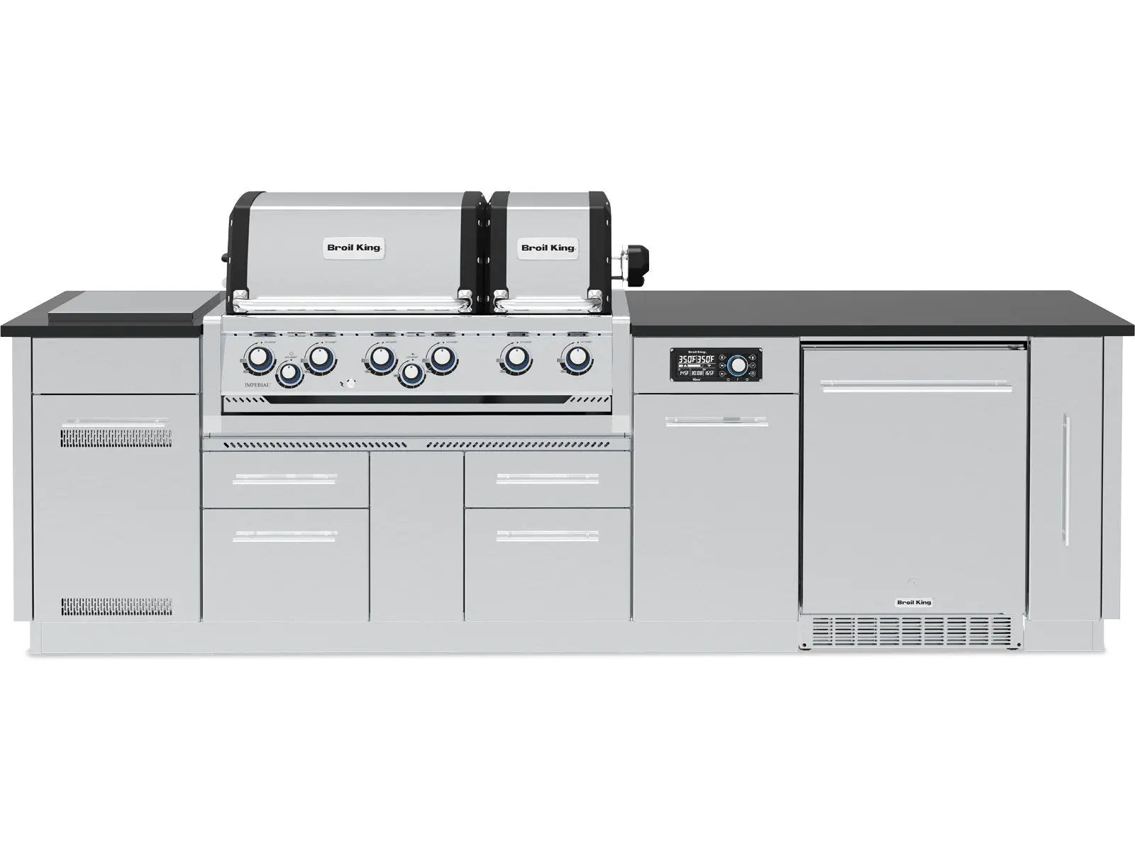 Broil King 9 3/4-Foot Outdoor Kitchen Island with Imperial QS 690i 6-Burner Gas Grill, Rotisserie, Side Burner, Refrigerator & iQue™ Technology Control Broil King