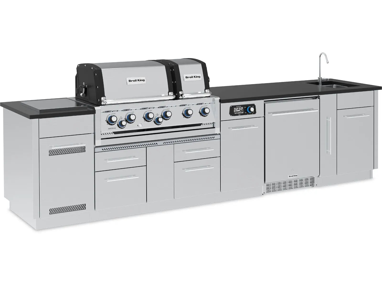 Broil King 11-Foot Outdoor Kitchen Island with Imperial QS 690i 6-Burner Gas Grill, Rotisserie, Side Burner, Sink, Refrigerator & iQue™ Technology Control Broil King