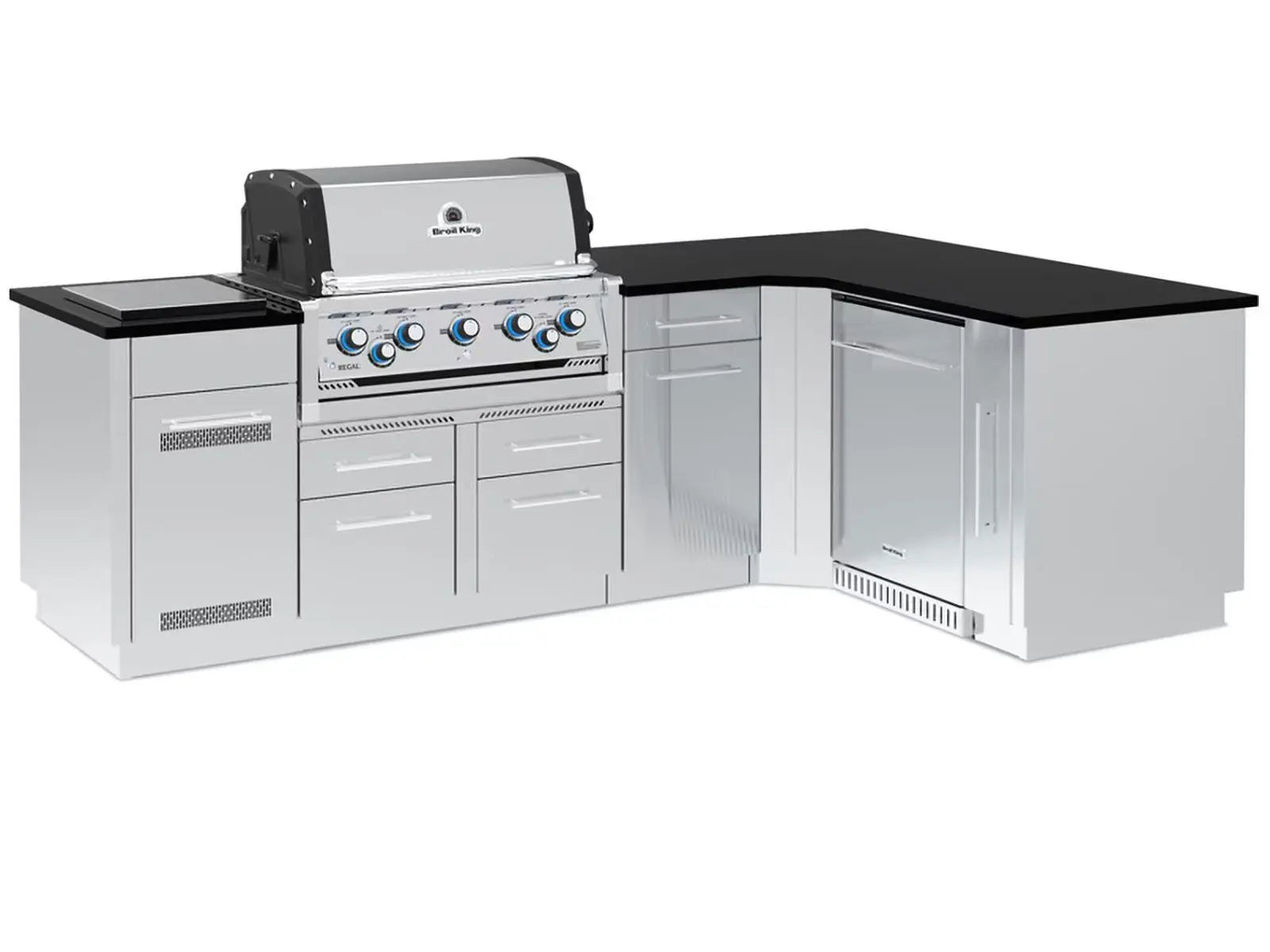 Broil King 111 x 70-Inch Outdoor Kitchen Island with Imperial S 590i 5-Burner Gas Grill, Rotisserie, Side Burner & Refrigerator Designing Backyards