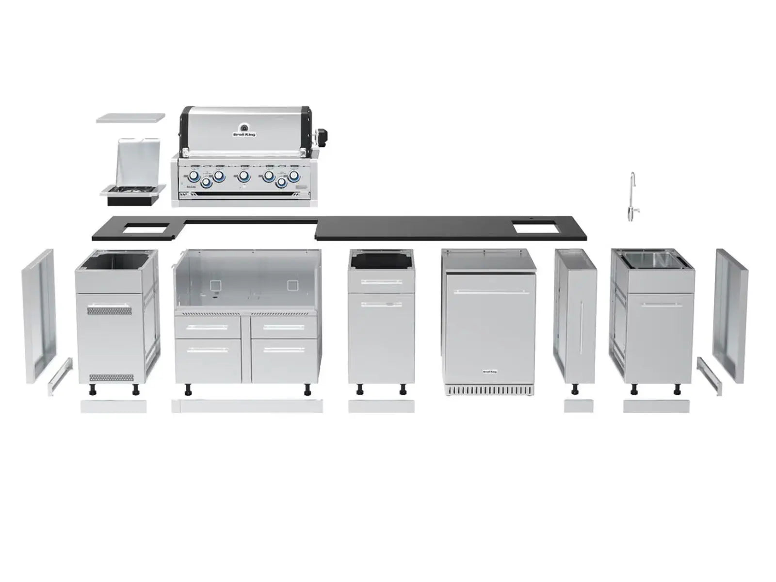 Broil King 10 1/2-Foot Outdoor Kitchen Island with Imperial S 590i 5-Burner Gas Grill, Rotisserie, Side Burner & Refrigerator (Left Orientation) Designing Backyards