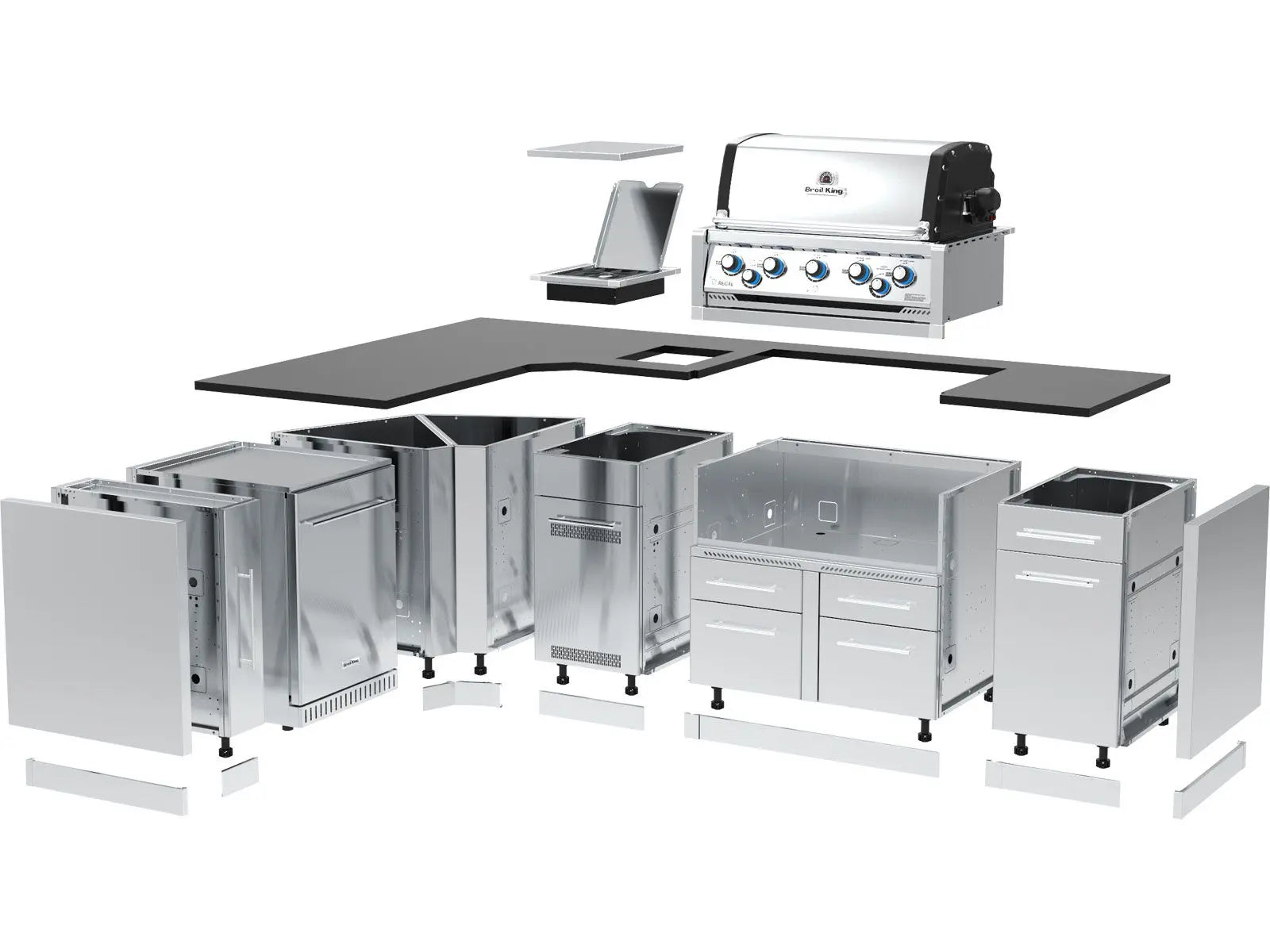 Broil King 70 x 111-Inch Outdoor Kitchen Island with Imperial S 590i 5-Burner Gas Grill, Rotisserie, Side Burner & Refrigerator Designing Backyards