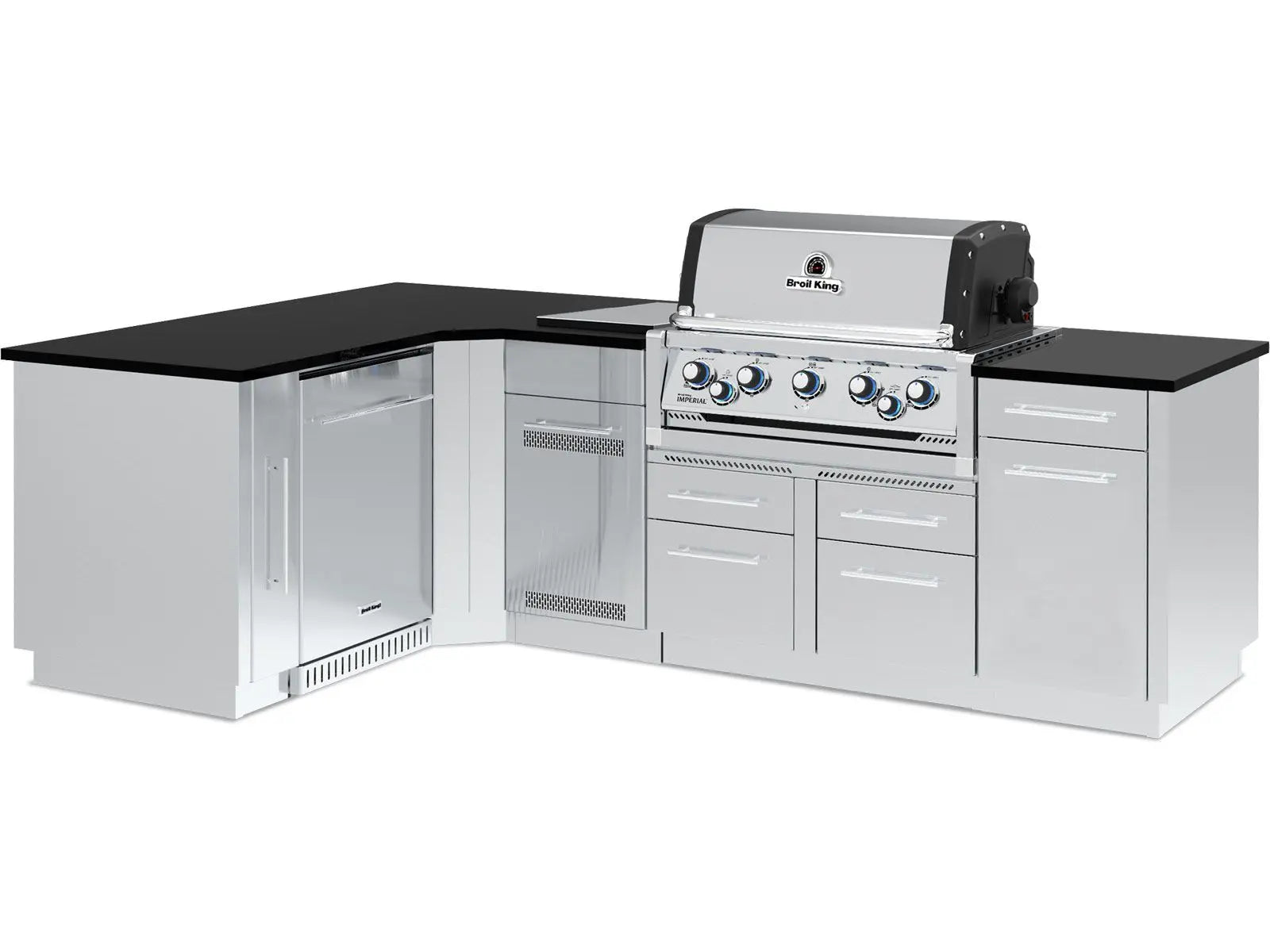 Broil King 70 x 111-Inch Outdoor Kitchen Island with Imperial S 590i 5-Burner Gas Grill, Rotisserie, Side Burner & Refrigerator Designing Backyards