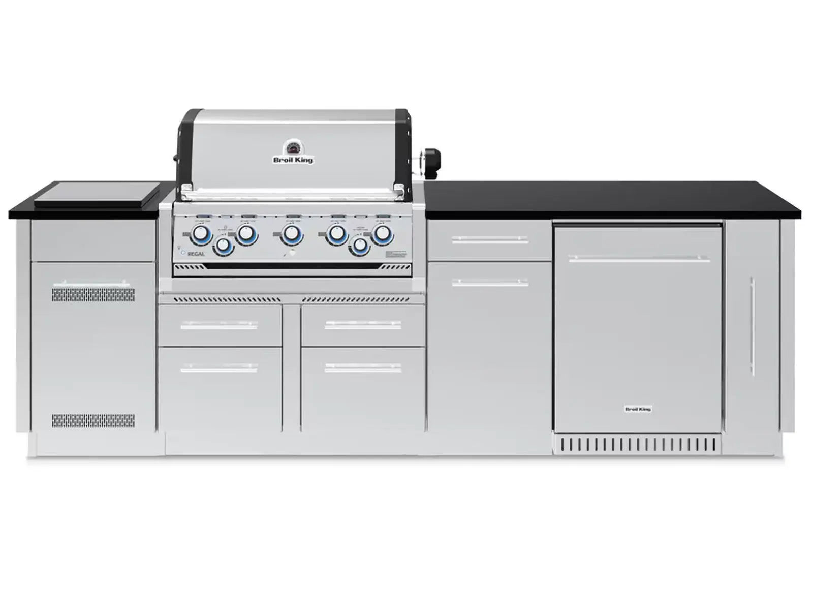 Broil King 9-Foot Outdoor Kitchen Island with Imperial S 590i 5-Burner Gas Grill, Rotisserie, Side Burner & Refrigerator Designing Backyards