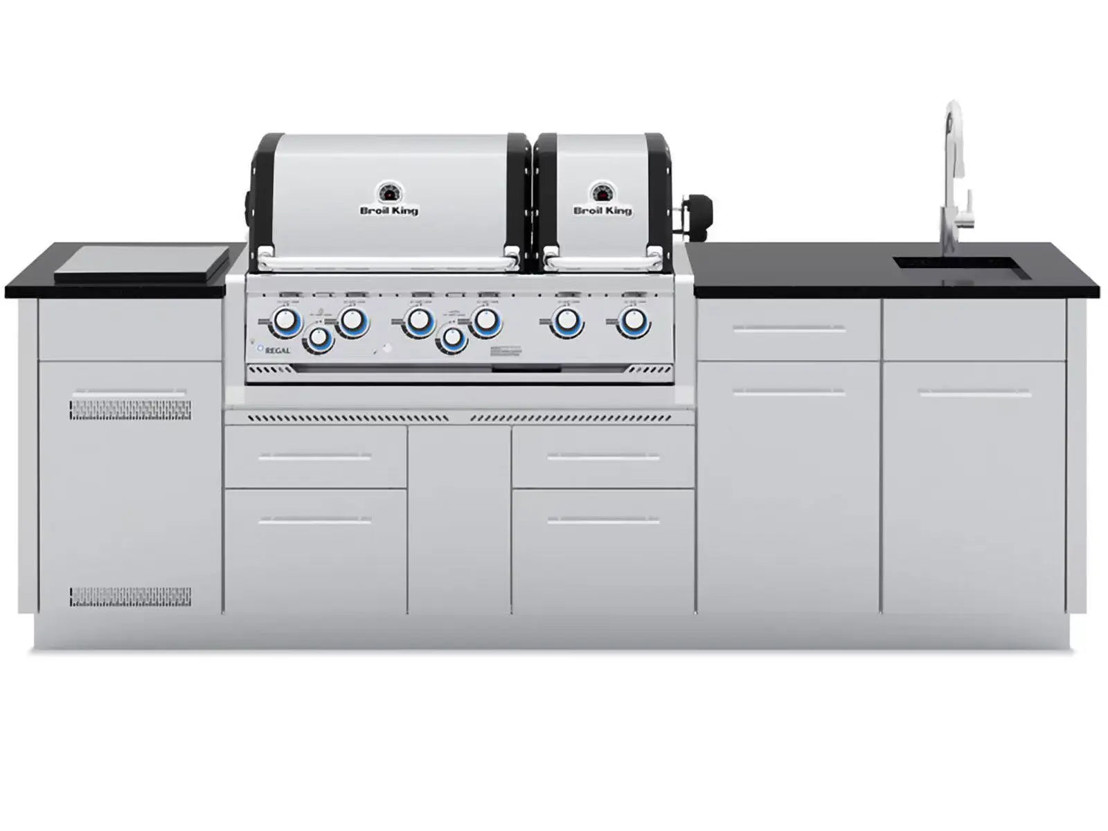 Broil King 8 1/2-Foot Outdoor Kitchen Island with Imperial S 690i 6-Burner Gas Grill, Rotisserie & Side Burner Designing Backyards