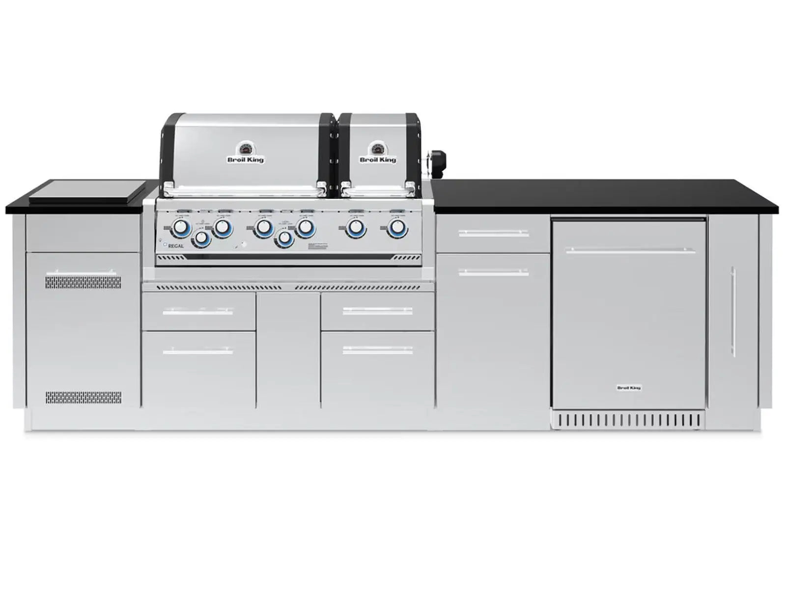 Broil King 9 3/4-Foot Outdoor Kitchen Island with Imperial S 690i 6-Burner Gas Grill, Rotisserie, Side Burner & Refrigerator Broil King