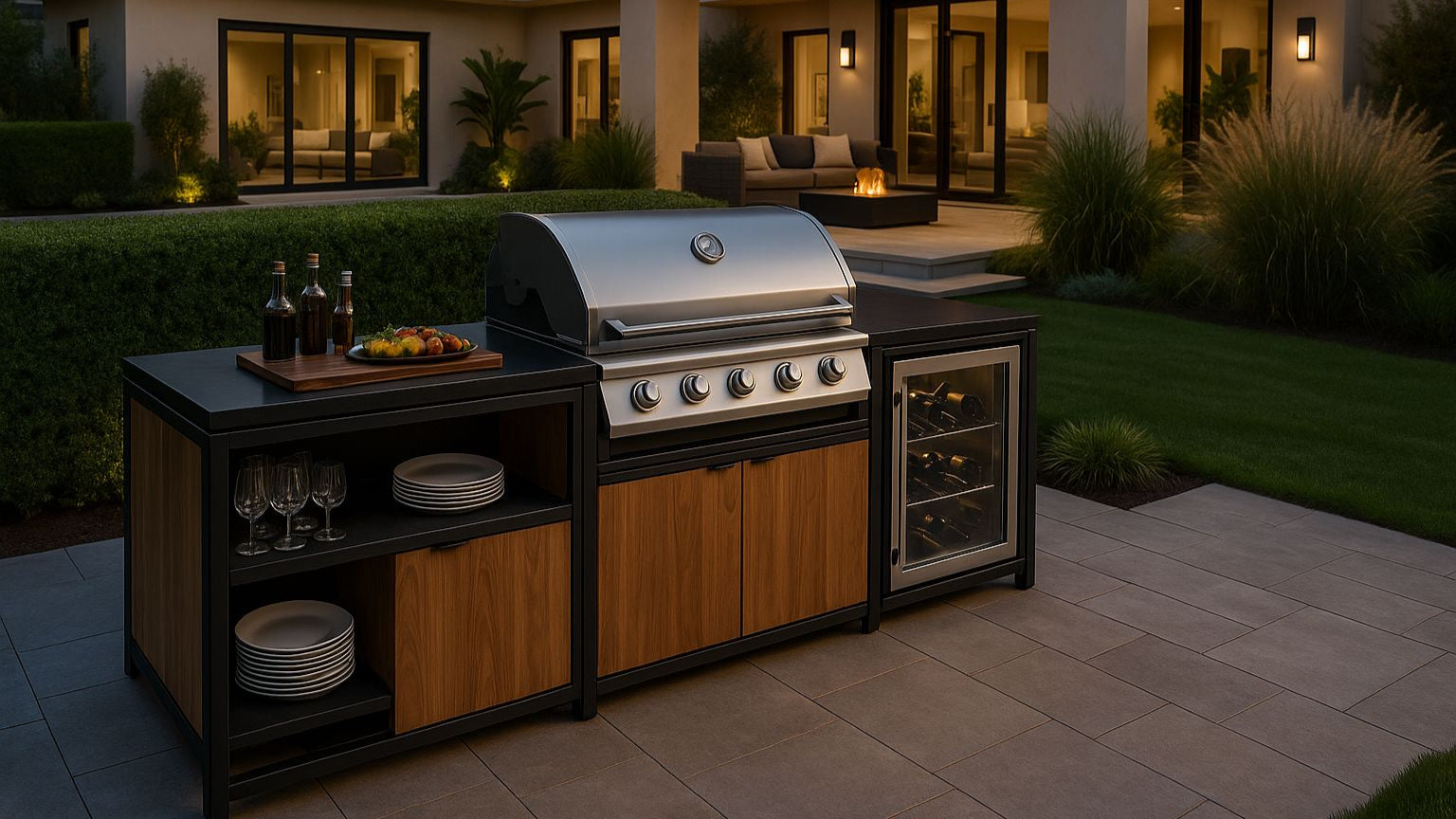 Outdoor kitchen setup with a grill and bar area in a backyard setting.