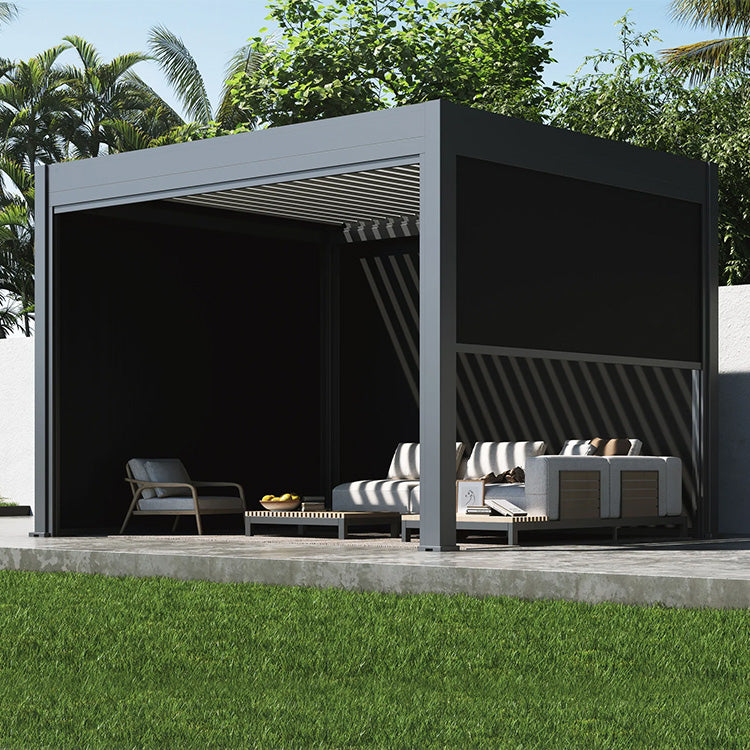 Waterproof Garden Gazebo Modern Motorized Louver Pergola Kits With Led and Glass Door
