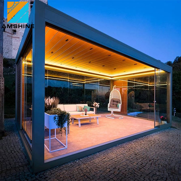 Waterproof Garden Gazebo Modern Motorized Louver Pergola Kits With Led and Glass Door