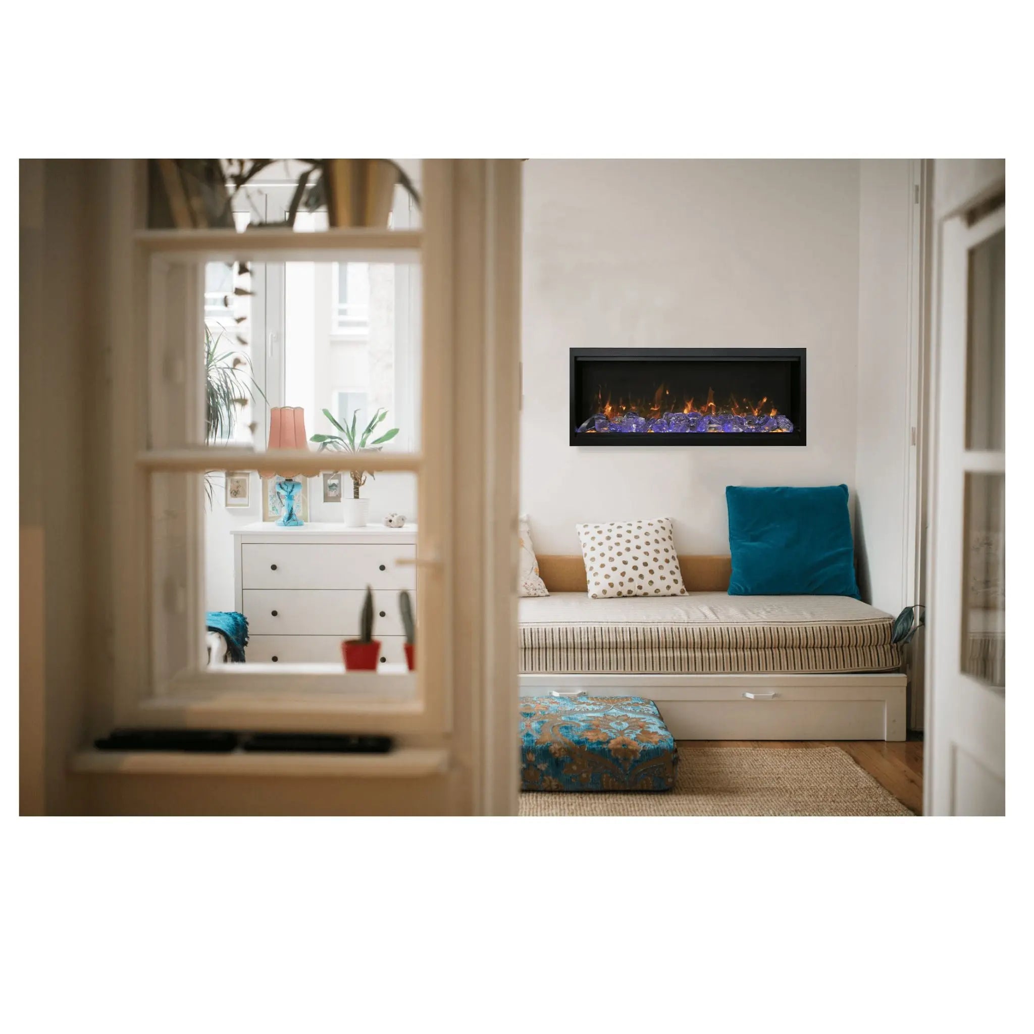 Amantii Symmetry XT Smart indoor outdoor extra tall electric fireplace with clean face design, WiFi control, and multi color flame presentation