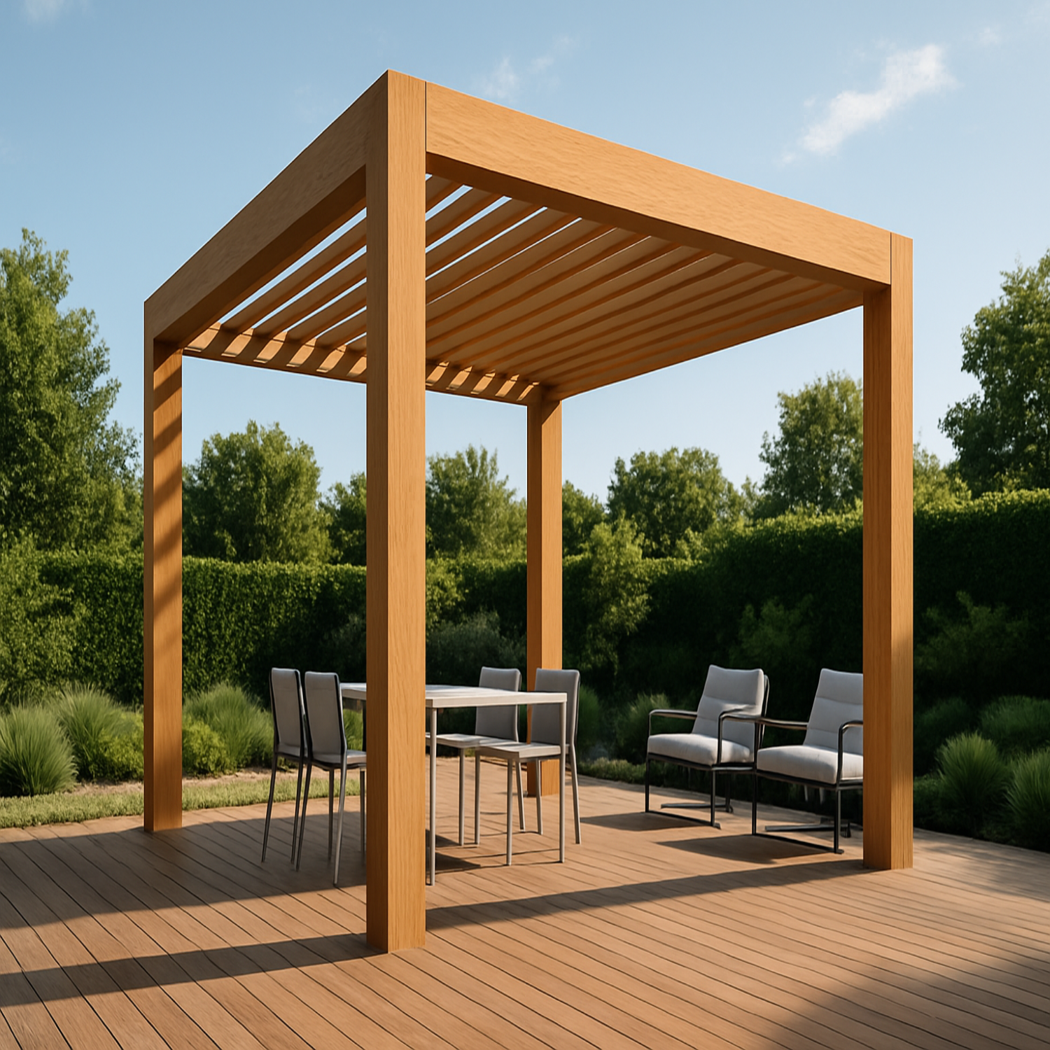 minimalist high end pergola on a deck